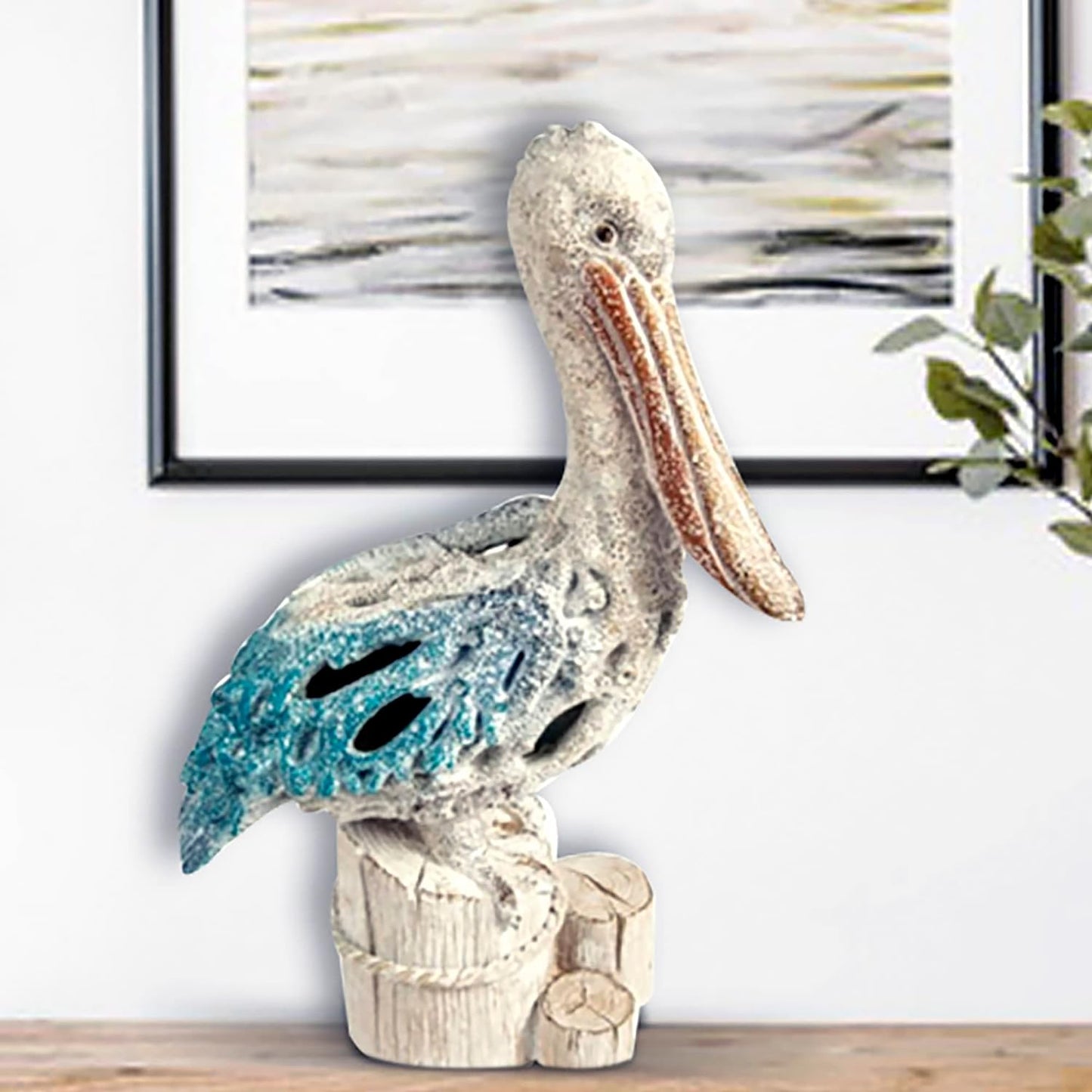 Corner Merchant Pelican Statue Figurine Coral Reef Beach Home Decor (Blue Pelican on Post) 13 3/4 inches Tall