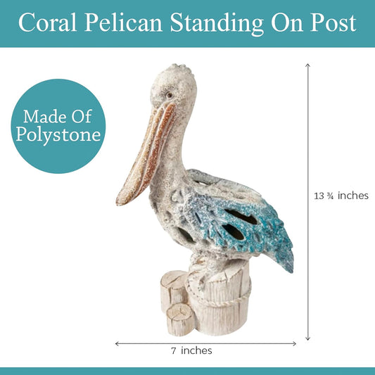 Corner Merchant Pelican Statue Figurine Coral Reef Beach Home Decor (Blue Pelican on Post) 13 3/4 inches Tall